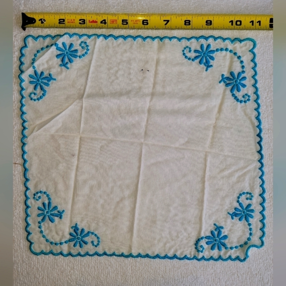 Antique Vintage Handkerchief White Hanky Turquoise Blue Embroidered Flowers Edge